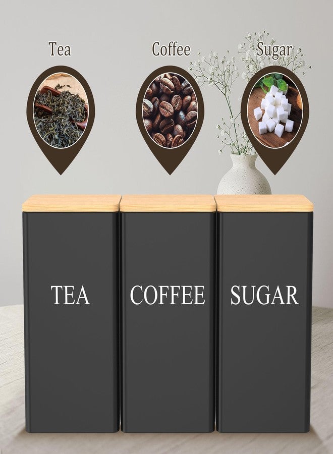 RVEFOT 3 Pcs Coffee Tea Sugar Container Set, 1000 ML Metal Teas and Coffee Canisters Set with Bamboo Lids, Black Canisters Sets for Kitchen,Food Storage Container Jars for Kitchen Counter Storage (Black) - Image 3